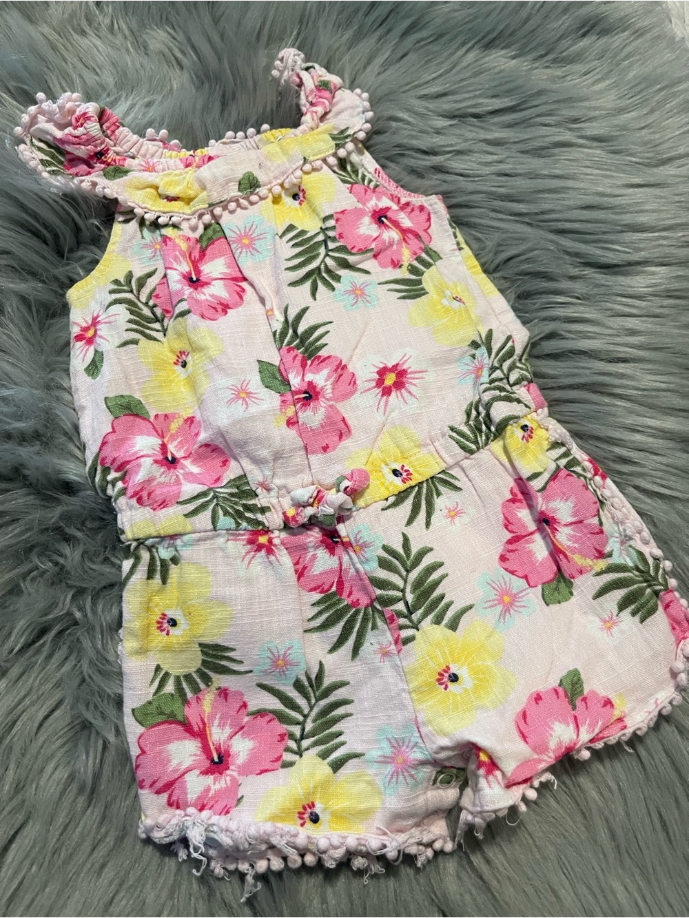 Baby Girl Tropical Floral Romper Pom Trim Sleeveless Pink Yellow 18 months #2836